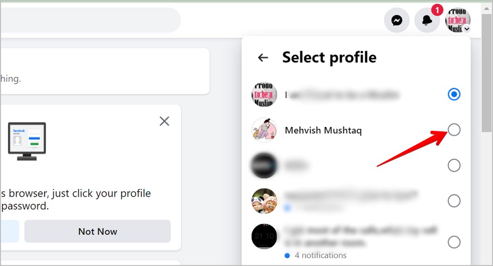 Computadora de Facebook Switch al perfil desde la página