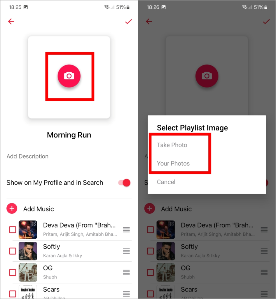Opciones para la portada de la lista de reproducción en Android