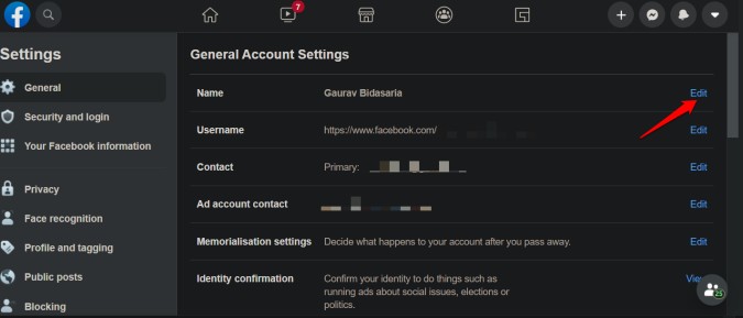 Configuración de nombre de Facebook