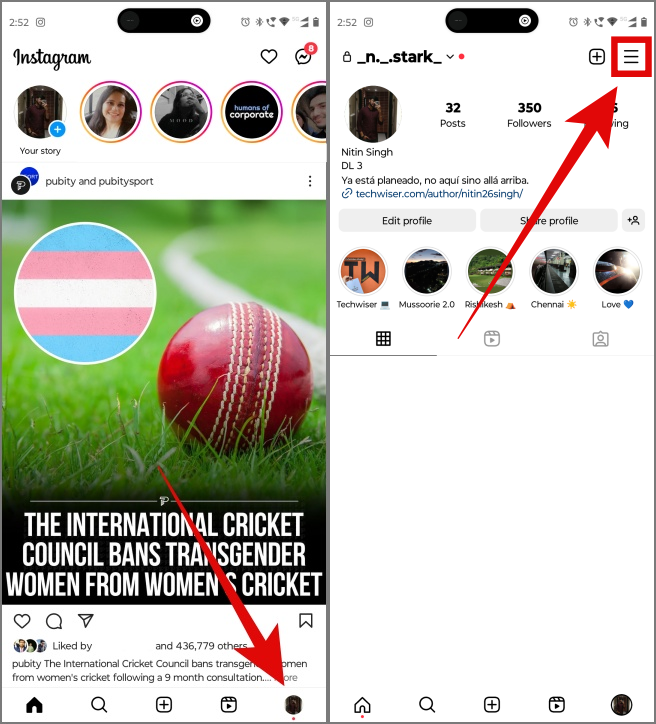 Ir a Configuración y privacidad desde la página de perfil en la aplicación Instagram 