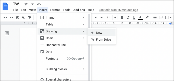 Opción de dibujo en Google Docs