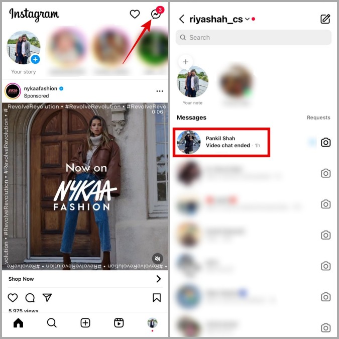 Mensajes en la aplicación Instagram en el móvil