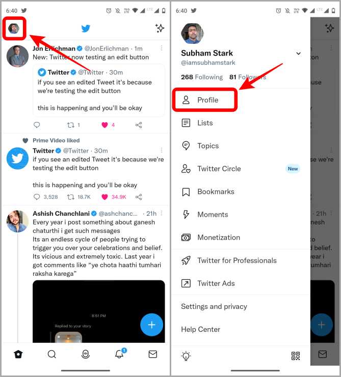 Perfil de Twitter en Android