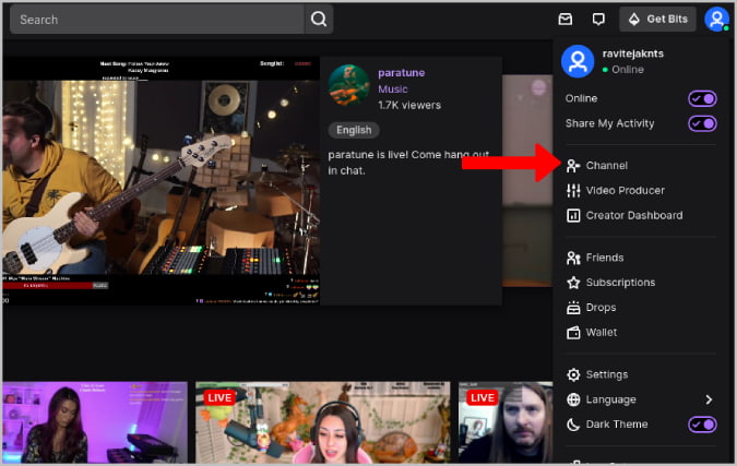 Opciones de canal Twitch