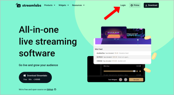 Página de inicio de Streamlabs