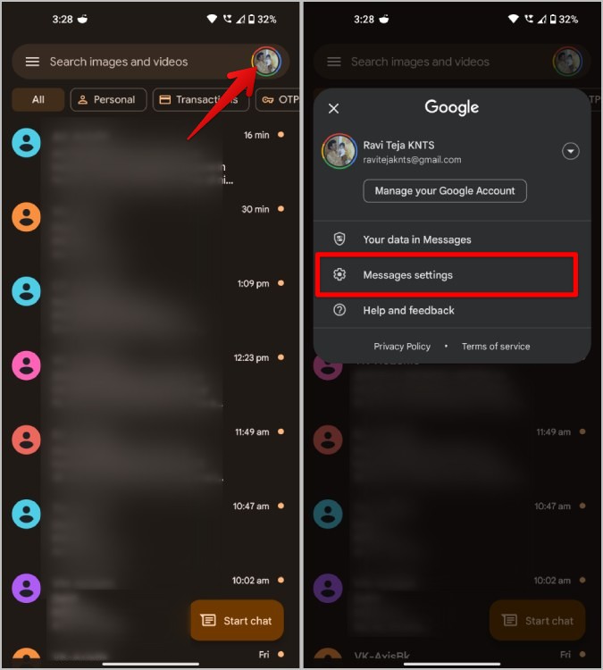 Abrir configuración de mensajes en la aplicación de mensajes de Google