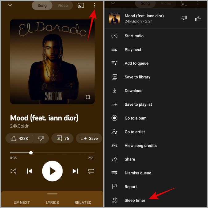 Establecer un temporizador de sueño en la aplicación móvil de YouTube Music