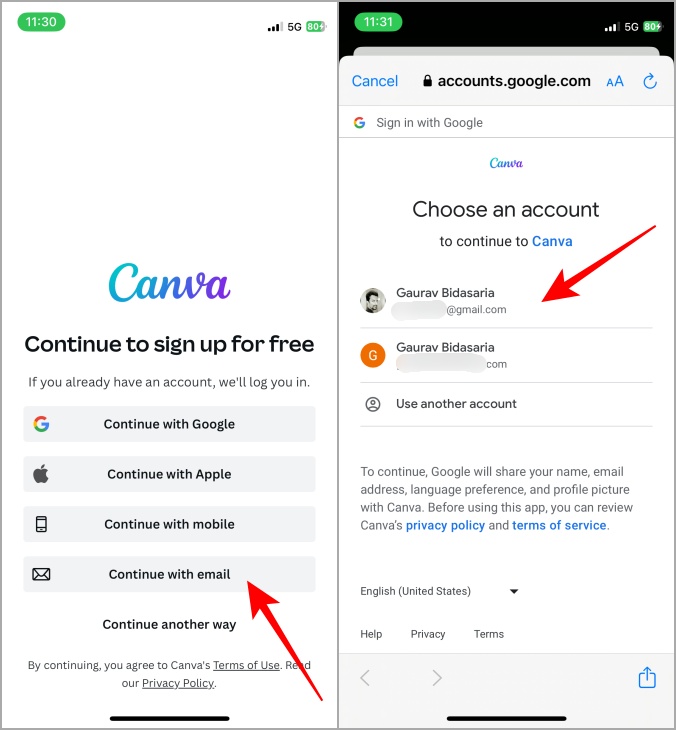 Descargue Canva e inicie sesión con Google o Apple