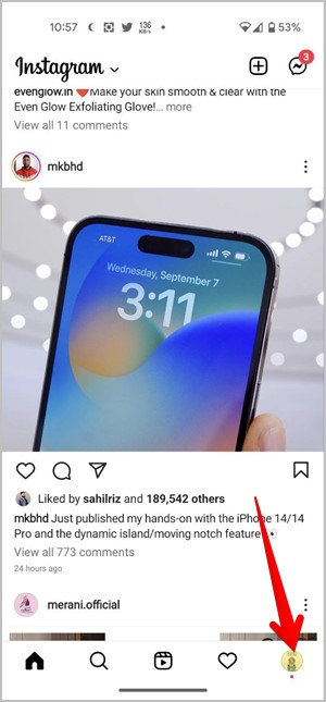 Pantalla de perfil de Instagram