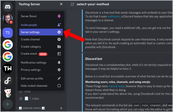 Abrir la configuración del servidor Discord