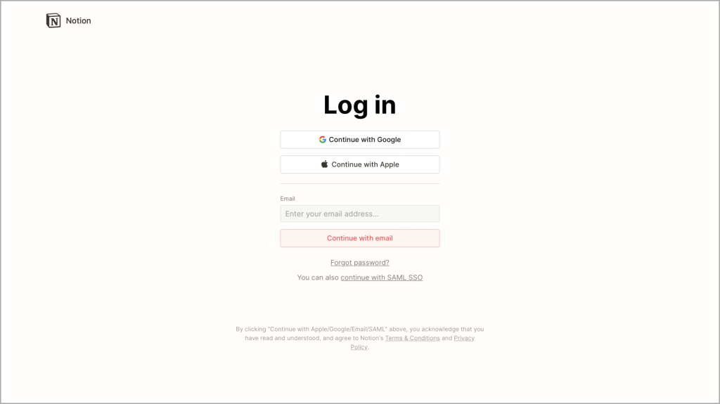 Página de inicio de sesión de noción en la web