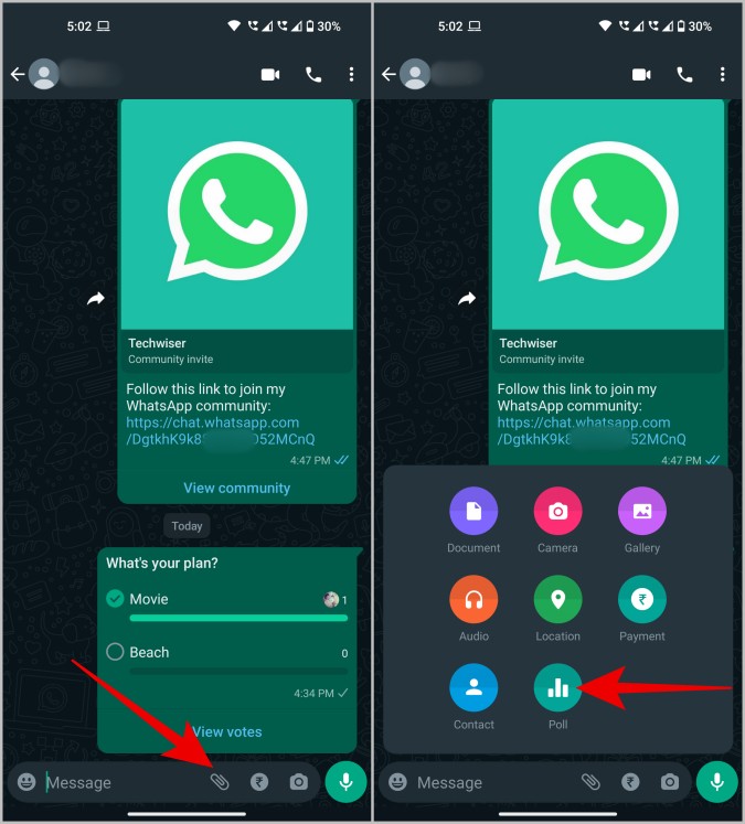 Apertura de la opción de encuesta en WhatsApp en Android