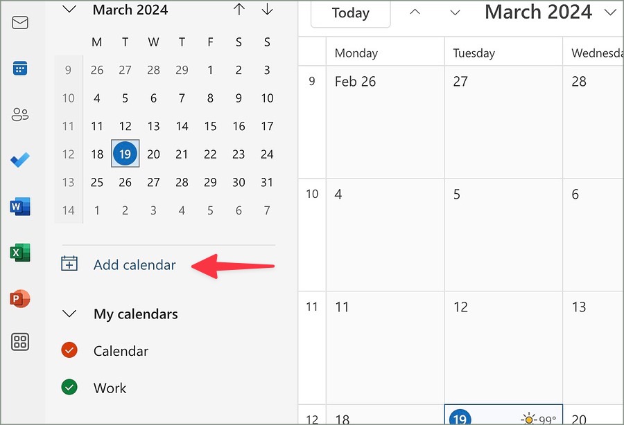 Agregar calendario en la vista del calendario de Outlook