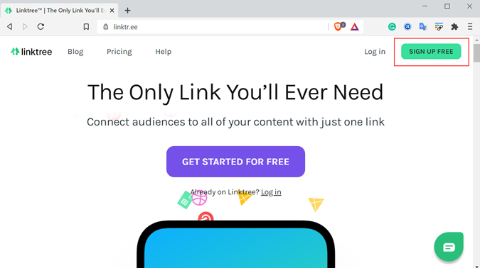Opción de registro de Linktree 