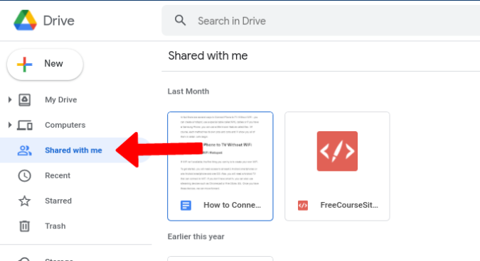 Apertura de la pestaña compartida conmigo en Google Drive 