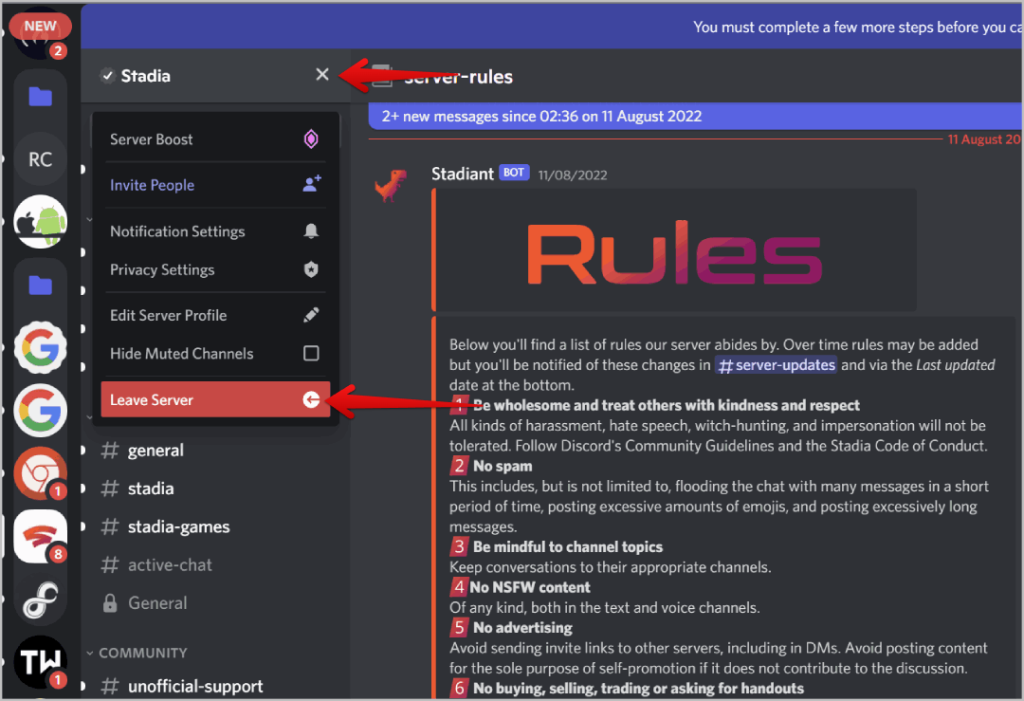 Dejar la opción del servidor en Discord Desktop
