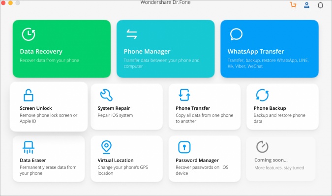 Interfaz de usuario de Dr.Fone en MacOS