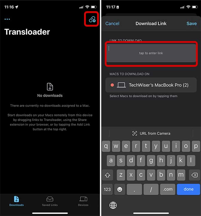 Agregue un enlace de descarga a TransLoader en iPhone