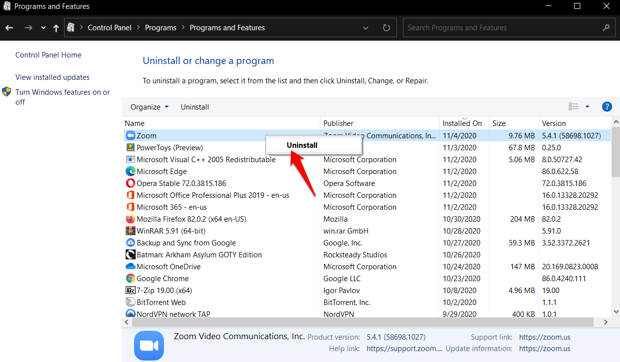 Desinstalar Zoom en Windows 10