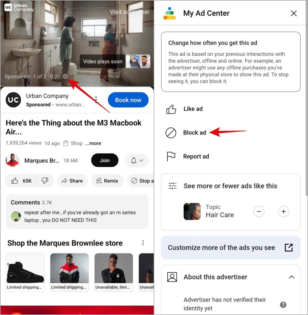 Bloquee un anuncio específico en YouTube