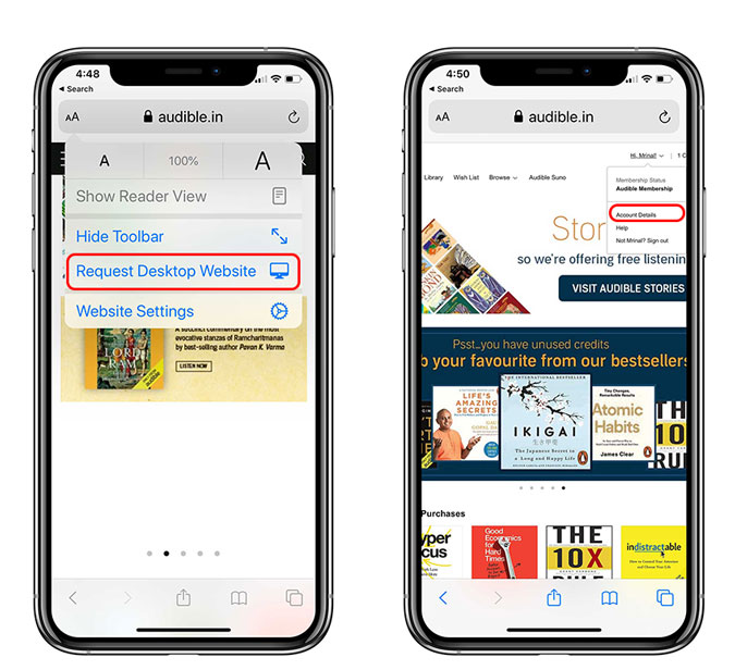 Solicitar el sitio de escritorio y abrir detalles de la cuenta de Audible