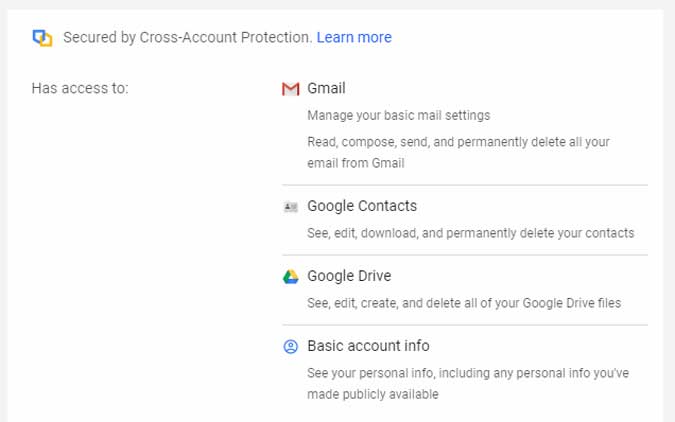 Aplicación con acceso a Gmail, Contactos, Drive e Información de la cuenta. Puede eliminar todo si quiere.