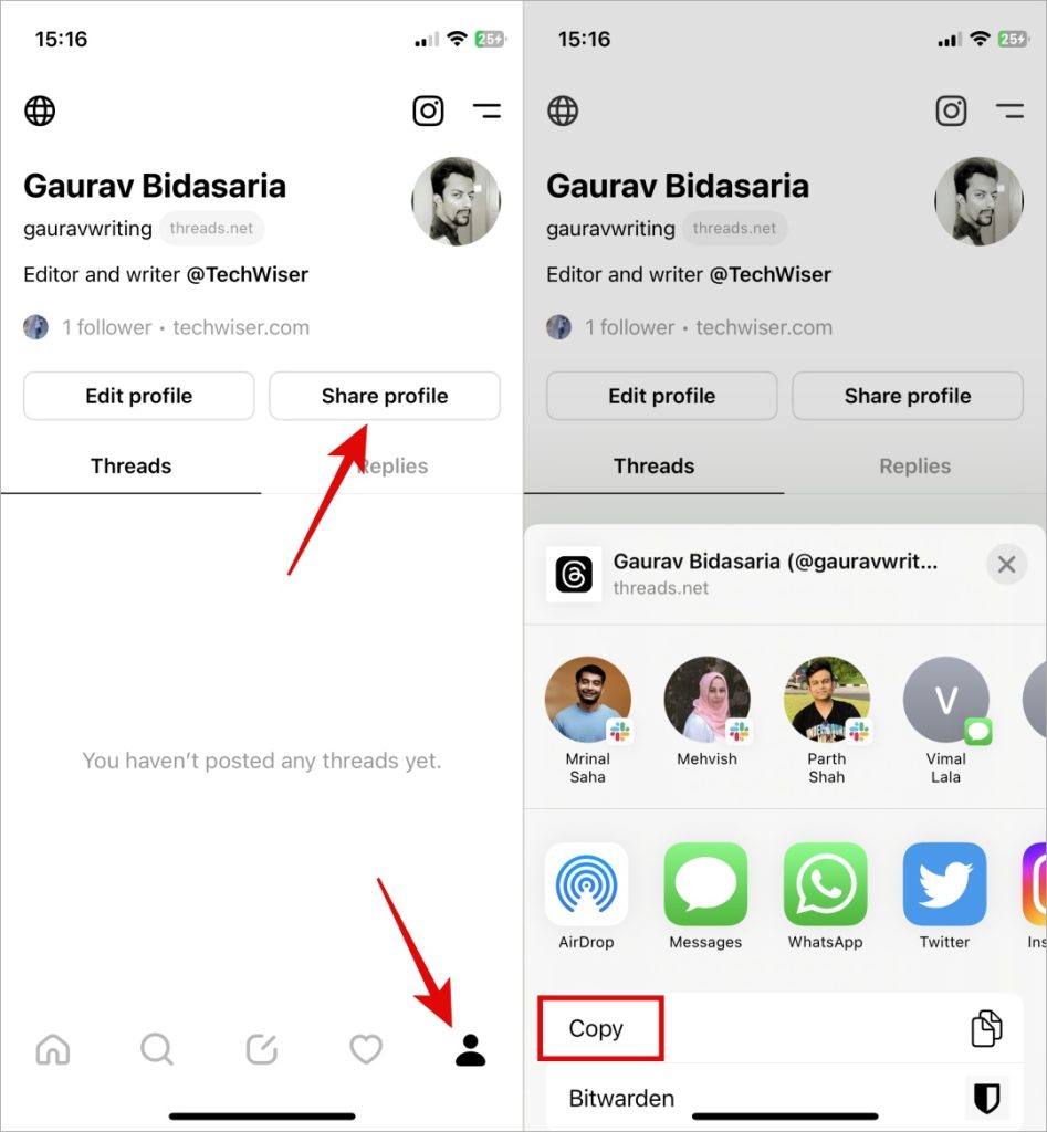 Compartir el perfil de hilos usando la opción de compartir nativo