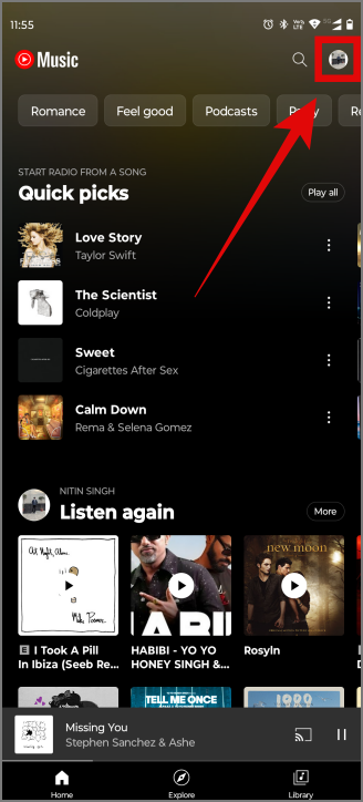 Abrir la página de perfil en la música de YouTube