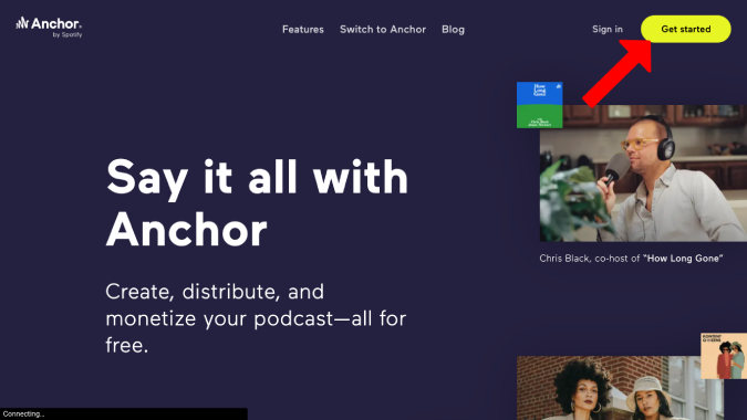 Página de inicio del servicio de alojamiento de podcast Anchor