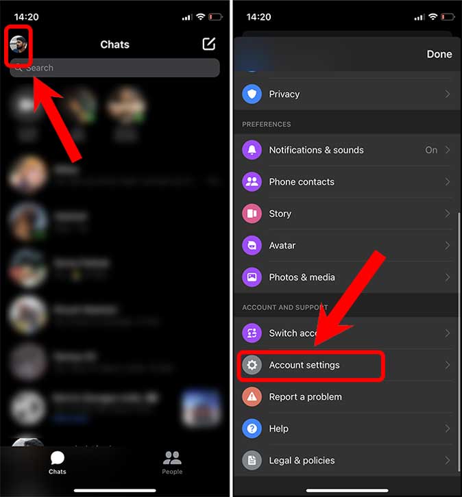Abra la configuración de la cuenta en la aplicación Messenger