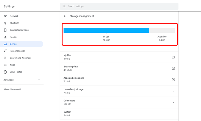 Espacio de almacenamiento en Chromebook
