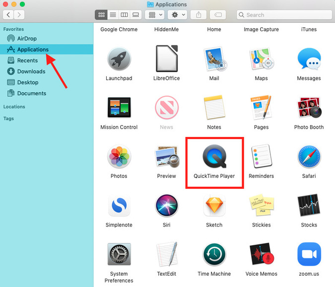 Player Quicktime en la carpeta de aplicaciones en Mac