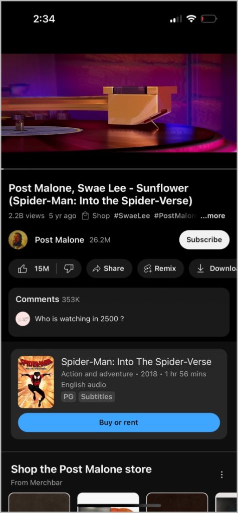 Reproduciendo música en la aplicación de YouTube en iPhone