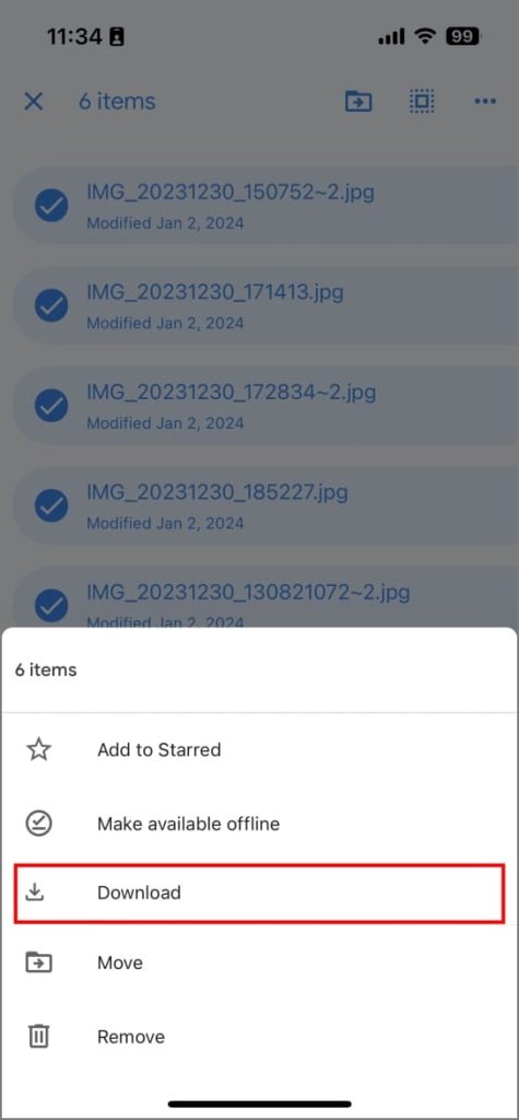 Descargar opción en Google Drive en iPhone