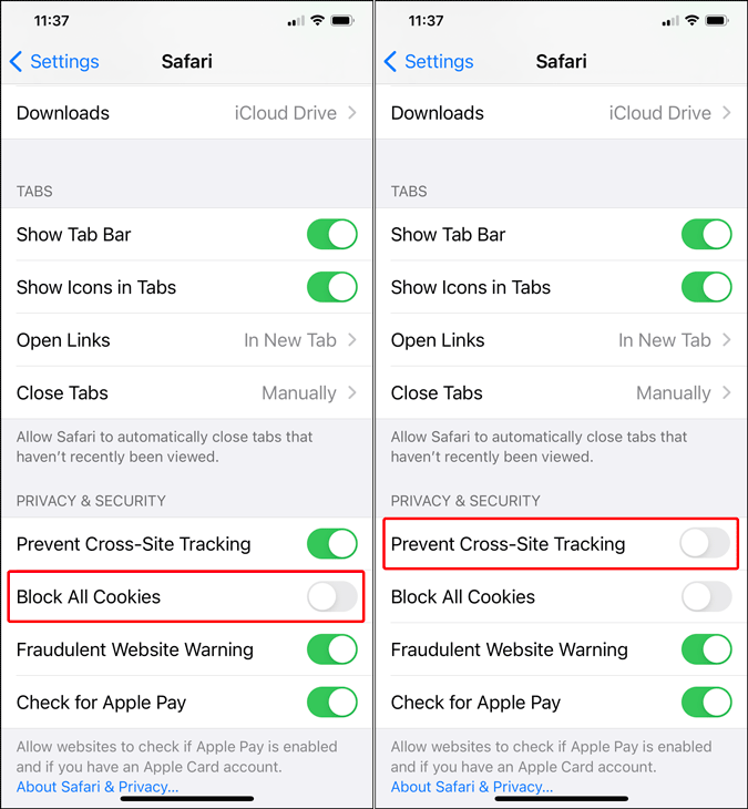 Opciones de cookies de Safari en iPhone