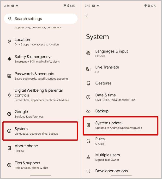 Opción de actualización del sistema en Android