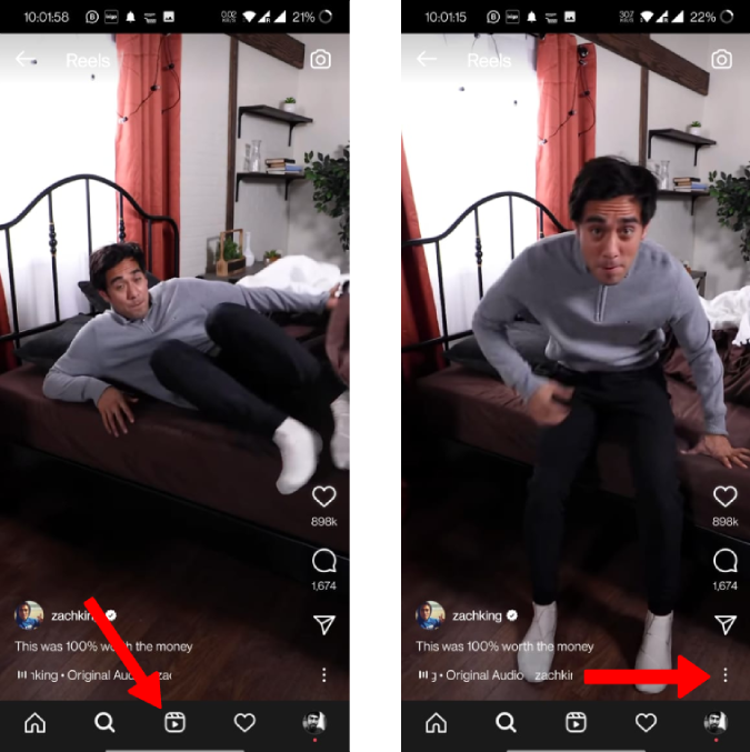 Menú de tres puntos para los carretes de Instagram