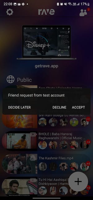 Solicitud de amistad en la aplicación Rave Android