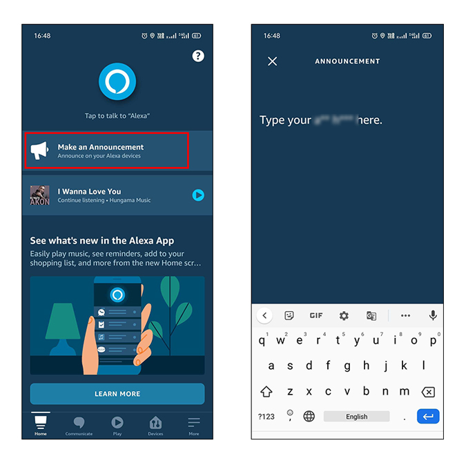Toque hacer un anuncio en la aplicación Alexa