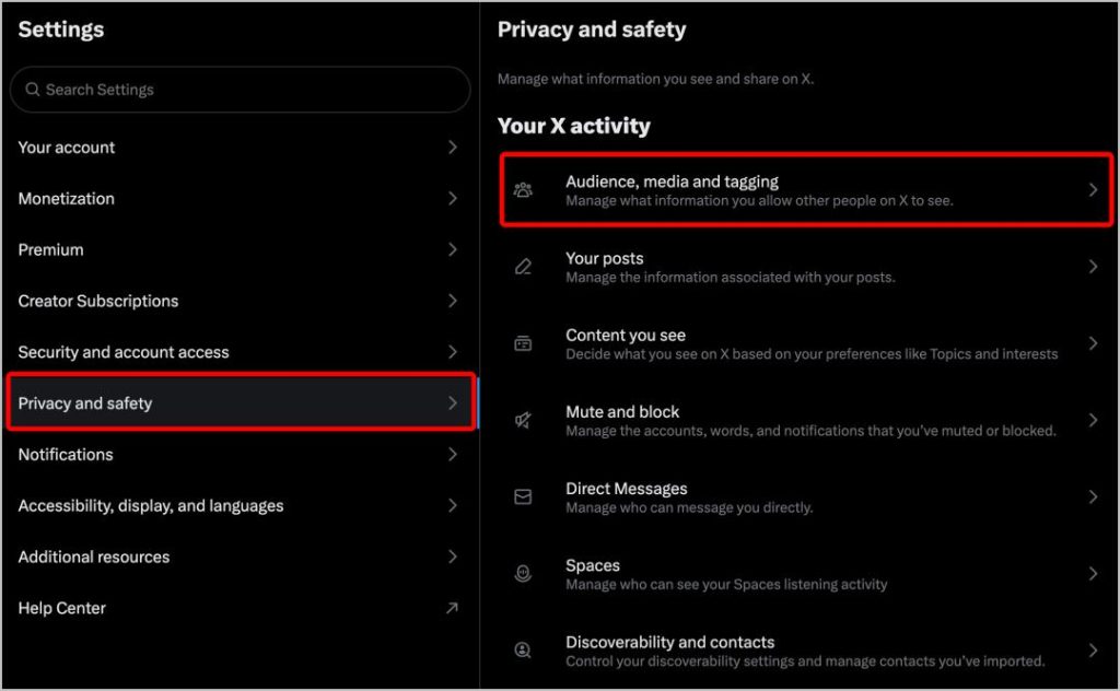 Configuración de privacidad en el sitio web de Twitter X
