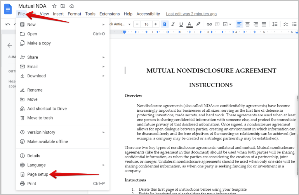 Inmisión de la opción de configuración de la página en Google Docs