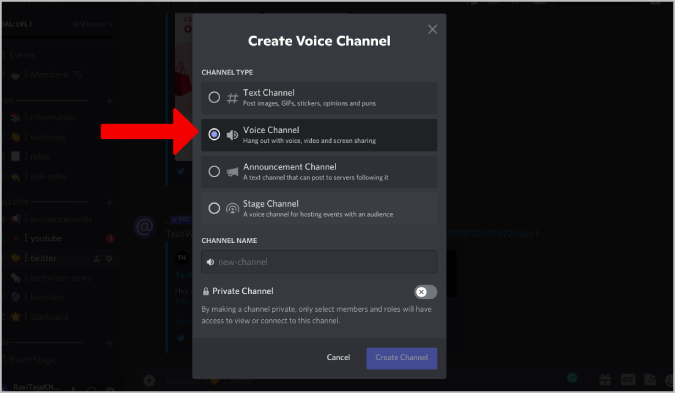 Creación de un canal de voz en el servidor de discordia