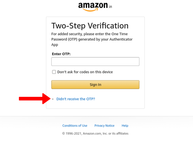 No recibí la opción OTP en Amazon