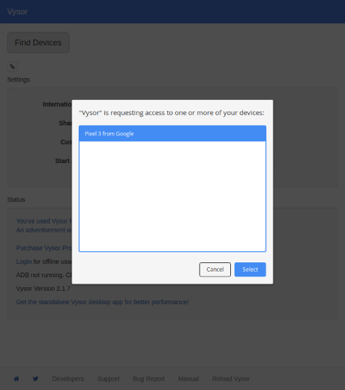 Seleccione el dispositivo Pixel 3 en el menú Vysor y presione en Seleccionar