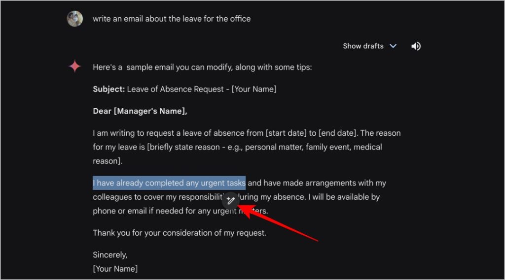 Seleccionar la parte de la respuesta para modificar en Gemini