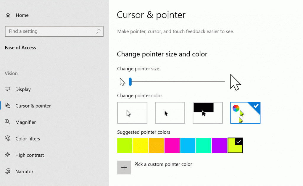 Opción de color del puntero del mouse de Windows