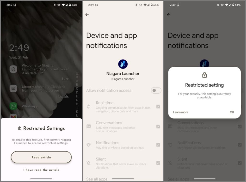 Error de configuración restringido al permitir el permiso de accesibilidad en Android 14