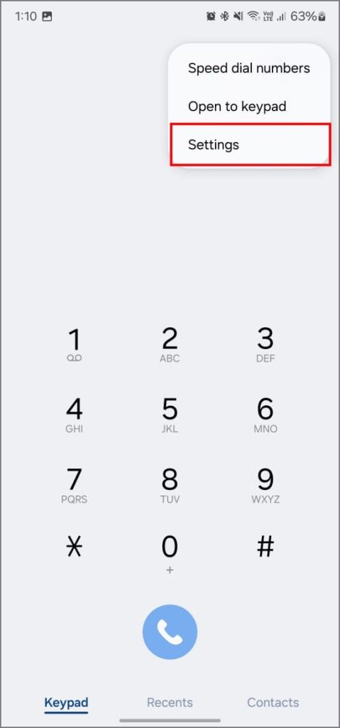 Configuración de la aplicación de teléfono en Samsung Galaxy Teléfono