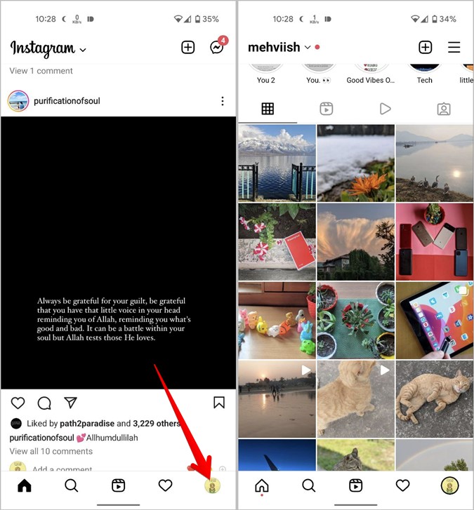 Pantalla de perfil de Instagram Abierto