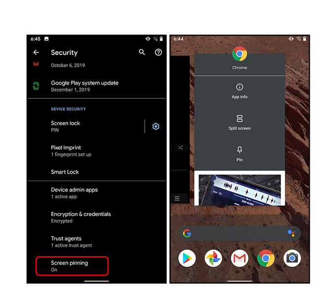 Pinificación de la pantalla de Android de stock